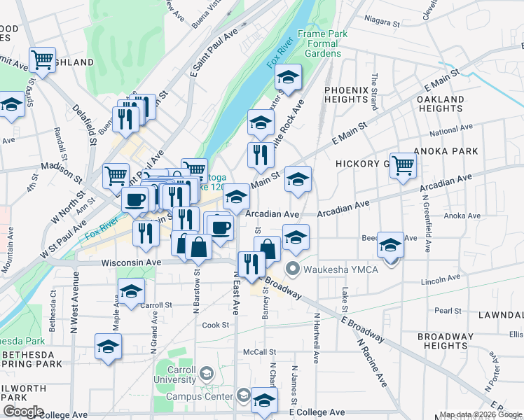 map of restaurants, bars, coffee shops, grocery stores, and more near 912 Pleasant Street in Waukesha