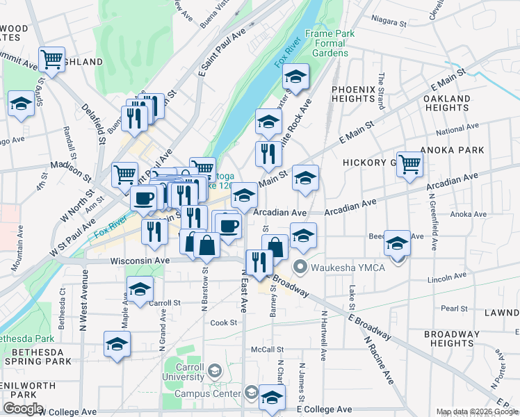 map of restaurants, bars, coffee shops, grocery stores, and more near 912 Pleasant Street in Waukesha