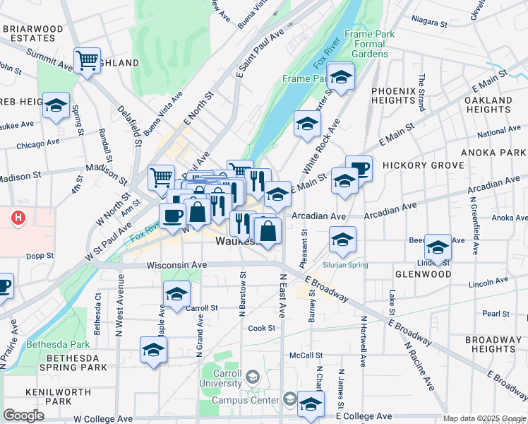 map of restaurants, bars, coffee shops, grocery stores, and more near in Waukesha