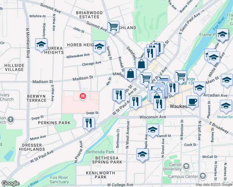 map of restaurants, bars, coffee shops, grocery stores, and more near 134 West North Street in Waukesha