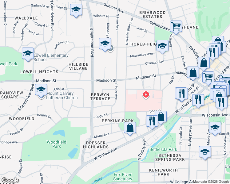 map of restaurants, bars, coffee shops, grocery stores, and more near 123 South Hine Avenue in Waukesha