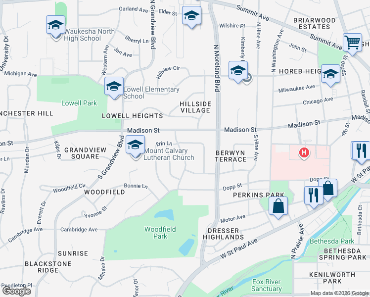 map of restaurants, bars, coffee shops, grocery stores, and more near 1508 Erin Lane in Waukesha