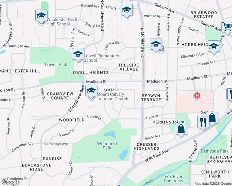 map of restaurants, bars, coffee shops, grocery stores, and more near 1602 Erin Lane in Waukesha