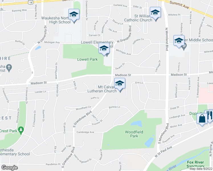 map of restaurants, bars, coffee shops, grocery stores, and more near 2016 Grandview Court in Waukesha