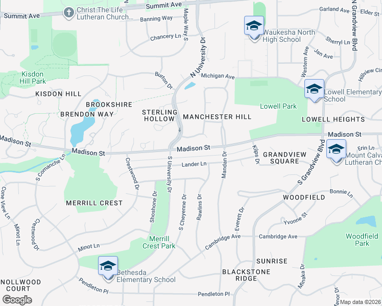 map of restaurants, bars, coffee shops, grocery stores, and more near 2511 Madison Street in Waukesha