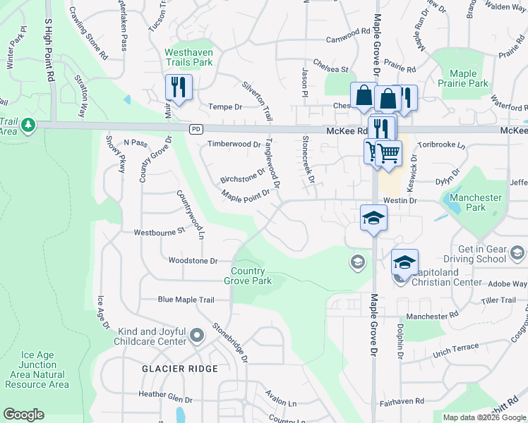 map of restaurants, bars, coffee shops, grocery stores, and more near 7104 East Pass in Madison