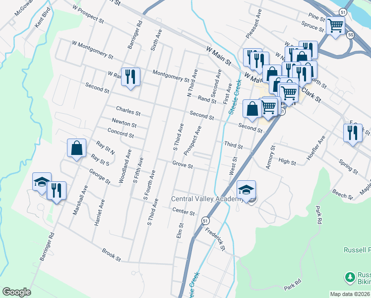 map of restaurants, bars, coffee shops, grocery stores, and more near 55 South Third Avenue in Ilion