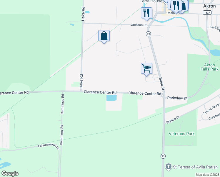 map of restaurants, bars, coffee shops, grocery stores, and more near 71 Clarence Center Rd in Akron