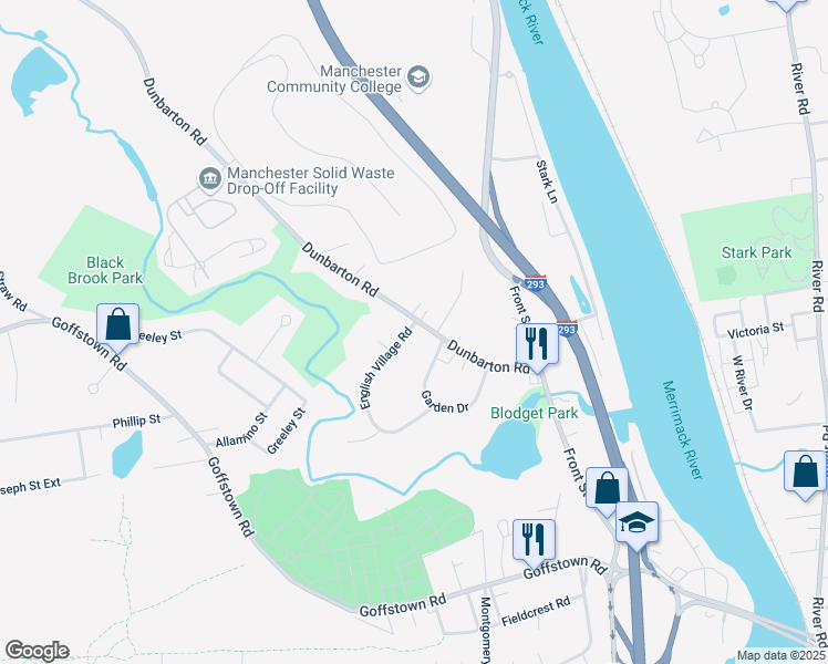map of restaurants, bars, coffee shops, grocery stores, and more near 233 Dunbarton Road in Manchester