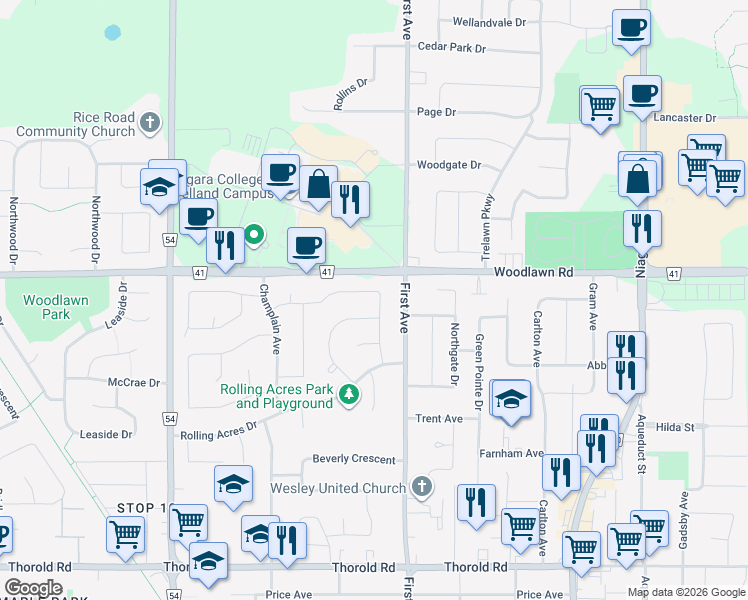 map of restaurants, bars, coffee shops, grocery stores, and more near 71 Wiltshire Boulevard in Welland