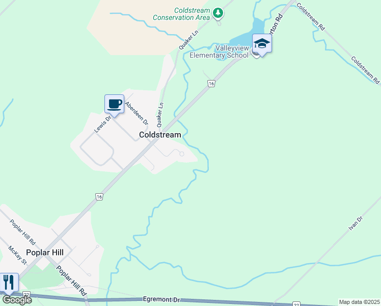 map of restaurants, bars, coffee shops, grocery stores, and more near 10 Ashley Lane in Ilderton