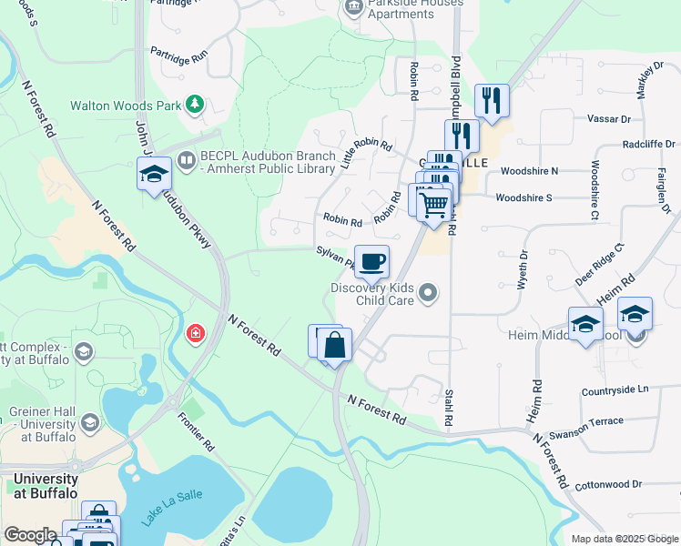 map of restaurants, bars, coffee shops, grocery stores, and more near 130 John Muir Drive in Buffalo