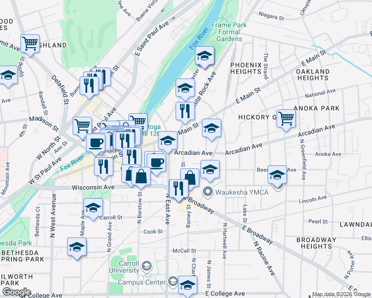 map of restaurants, bars, coffee shops, grocery stores, and more near 912 Pleasant Street in Waukesha
