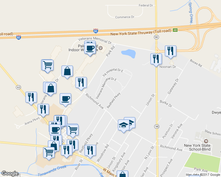map of restaurants, bars, coffee shops, grocery stores, and more near Va Hospital Drive East in Batavia