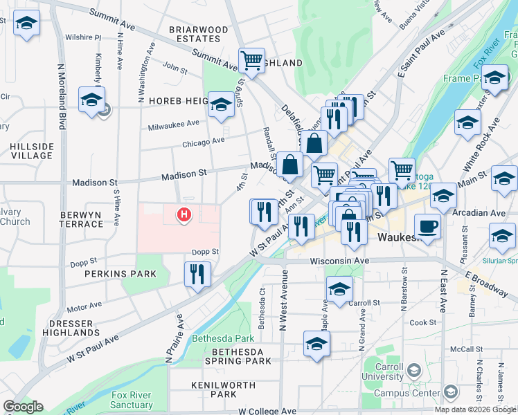 map of restaurants, bars, coffee shops, grocery stores, and more near 134 West North Street in Waukesha