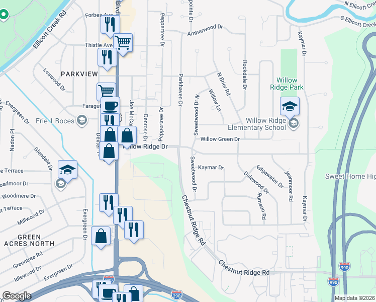 map of restaurants, bars, coffee shops, grocery stores, and more near 4 Sweetwood Drive in Buffalo