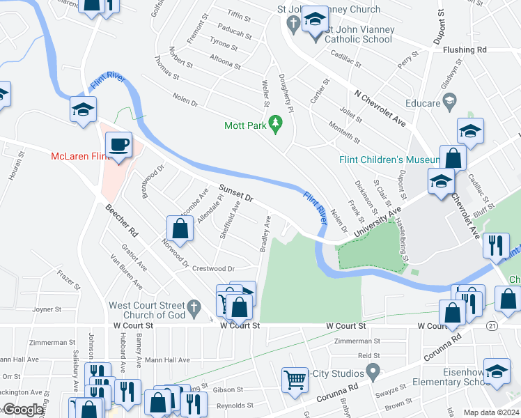 map of restaurants, bars, coffee shops, grocery stores, and more near 3233 Sunset Drive in Flint