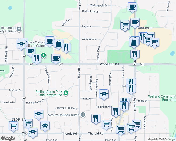 map of restaurants, bars, coffee shops, grocery stores, and more near 120 Northgate Drive in Welland