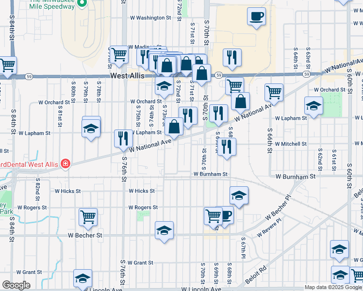 map of restaurants, bars, coffee shops, grocery stores, and more near 7119 West National Avenue in West Allis
