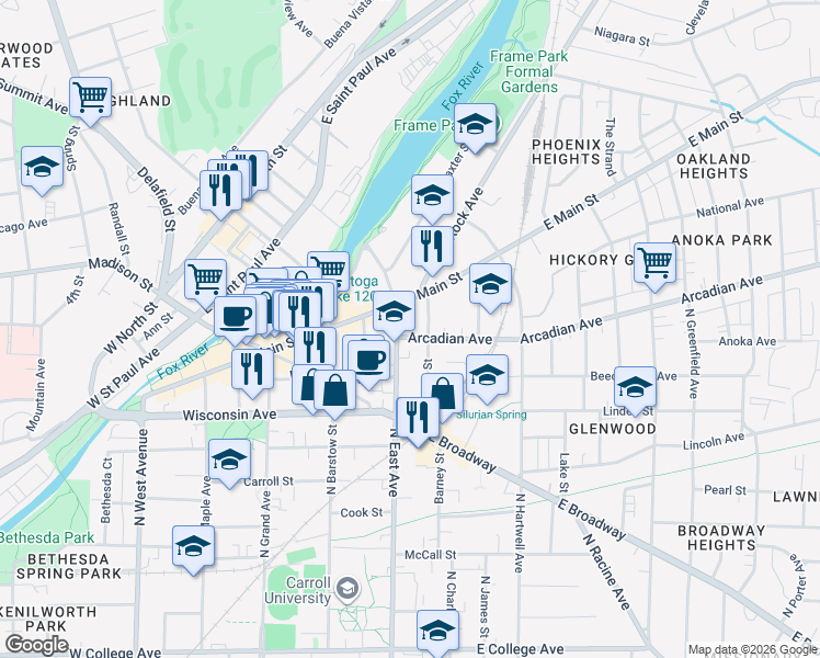 map of restaurants, bars, coffee shops, grocery stores, and more near 912 Pleasant Street in Waukesha