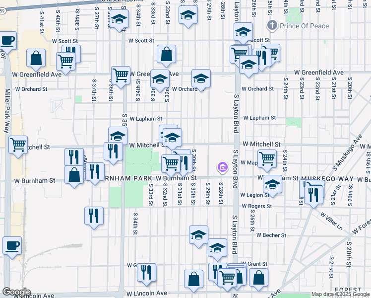 map of restaurants, bars, coffee shops, grocery stores, and more near 3030 West Mitchell Street in Milwaukee
