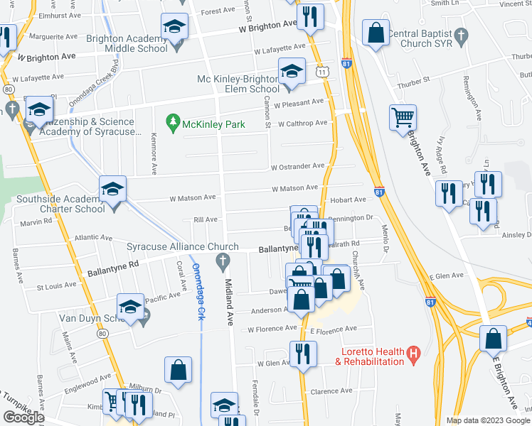 map of restaurants, bars, coffee shops, grocery stores, and more near 187 Hall Avenue in Syracuse