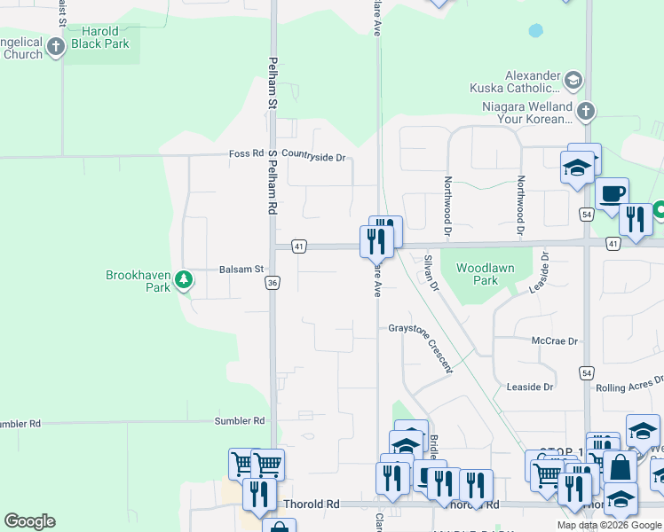 map of restaurants, bars, coffee shops, grocery stores, and more near 395 Michael Drive in Welland