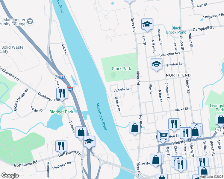 map of restaurants, bars, coffee shops, grocery stores, and more near 13 Park Place Condominiums in Manchester
