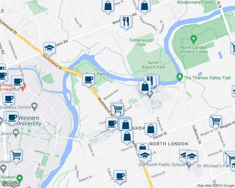 map of restaurants, bars, coffee shops, grocery stores, and more near 233 Bernard Avenue in London