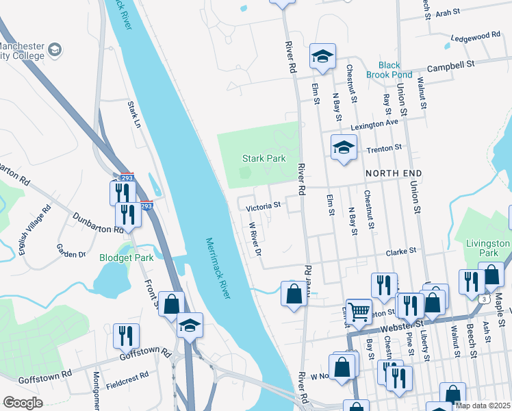 map of restaurants, bars, coffee shops, grocery stores, and more near 78 Riverview Place in Manchester