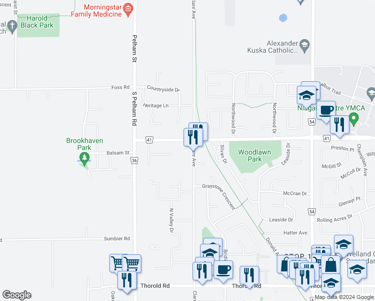 map of restaurants, bars, coffee shops, grocery stores, and more near in Welland