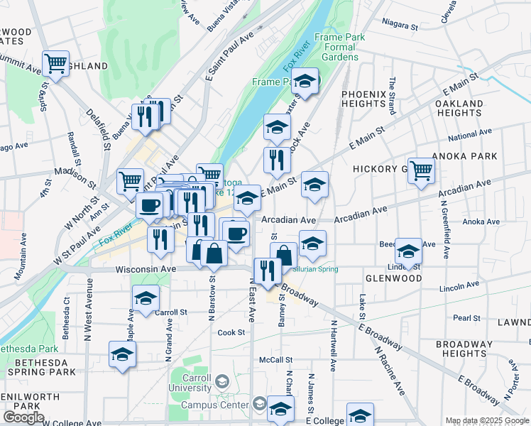 map of restaurants, bars, coffee shops, grocery stores, and more near 912 Pleasant Street in Waukesha