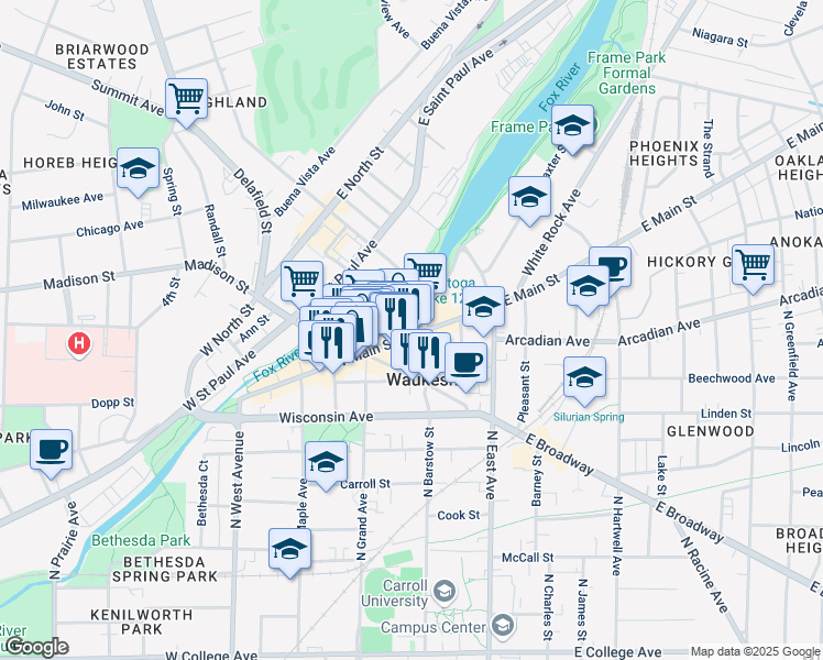 map of restaurants, bars, coffee shops, grocery stores, and more near 220 West Main Street in Waukesha