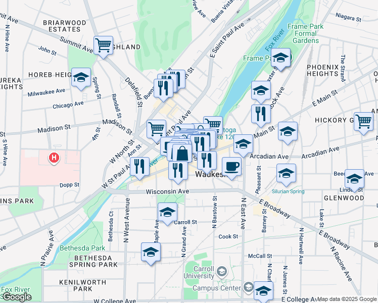 map of restaurants, bars, coffee shops, grocery stores, and more near 29 Riverfront Street in Waukesha