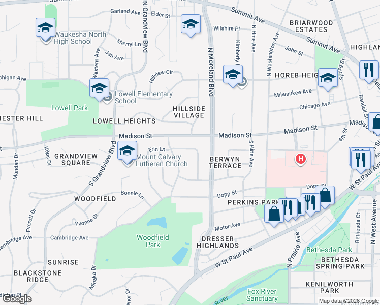 map of restaurants, bars, coffee shops, grocery stores, and more near 1508 Erin Lane in Waukesha