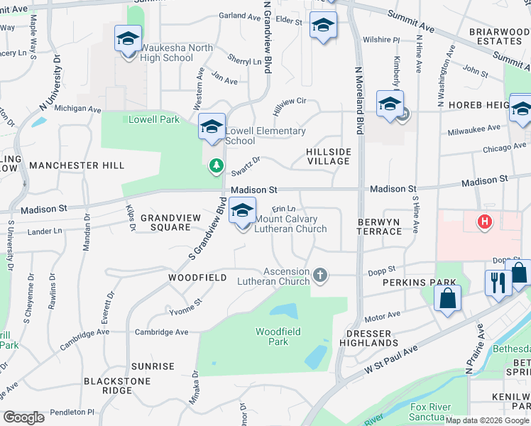 map of restaurants, bars, coffee shops, grocery stores, and more near 1708 Erin Lane in Waukesha