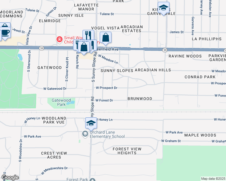 map of restaurants, bars, coffee shops, grocery stores, and more near 13708 West Prospect Drive in New Berlin