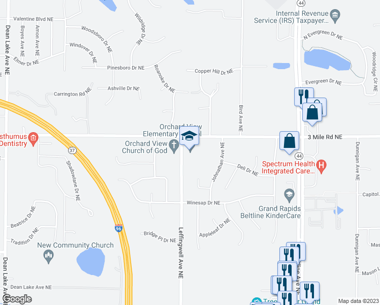 map of restaurants, bars, coffee shops, grocery stores, and more near 2770 Leffingwell Avenue Northeast in Grand Rapids