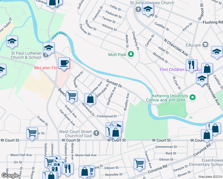 map of restaurants, bars, coffee shops, grocery stores, and more near 320 Sheffield Avenue in Flint