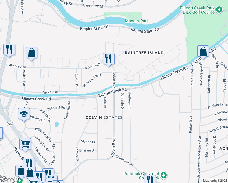 map of restaurants, bars, coffee shops, grocery stores, and more near Colvin Boulevard & Ellicott Creek Road in Tonawanda