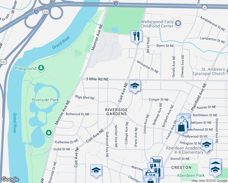 map of restaurants, bars, coffee shops, grocery stores, and more near 420 Russwood Street Northeast in Grand Rapids