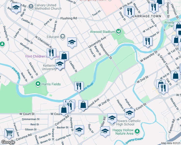 map of restaurants, bars, coffee shops, grocery stores, and more near in Flint