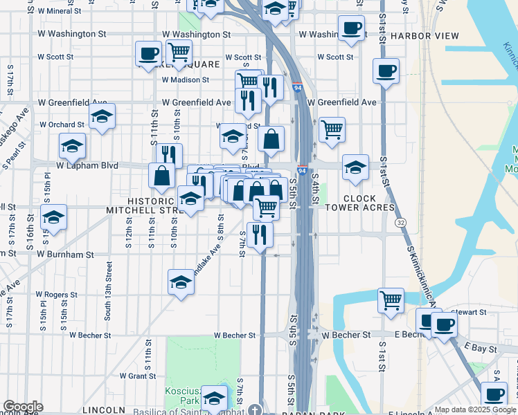 map of restaurants, bars, coffee shops, grocery stores, and more near 609 West Mitchell Street in Milwaukee