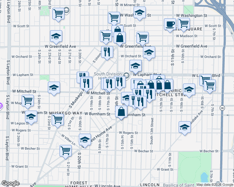 map of restaurants, bars, coffee shops, grocery stores, and more near 916 South 16th Street in Milwaukee