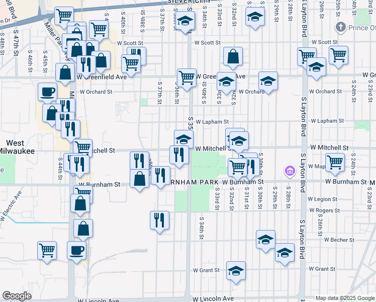 map of restaurants, bars, coffee shops, grocery stores, and more near 1711 South 35th Street in Milwaukee