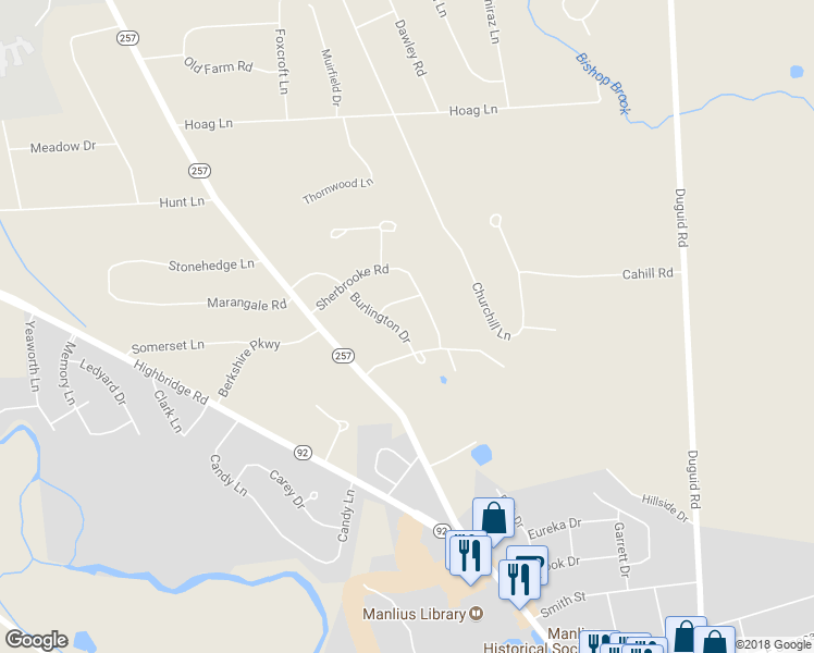 map of restaurants, bars, coffee shops, grocery stores, and more near 213 Burlington Drive in Manlius