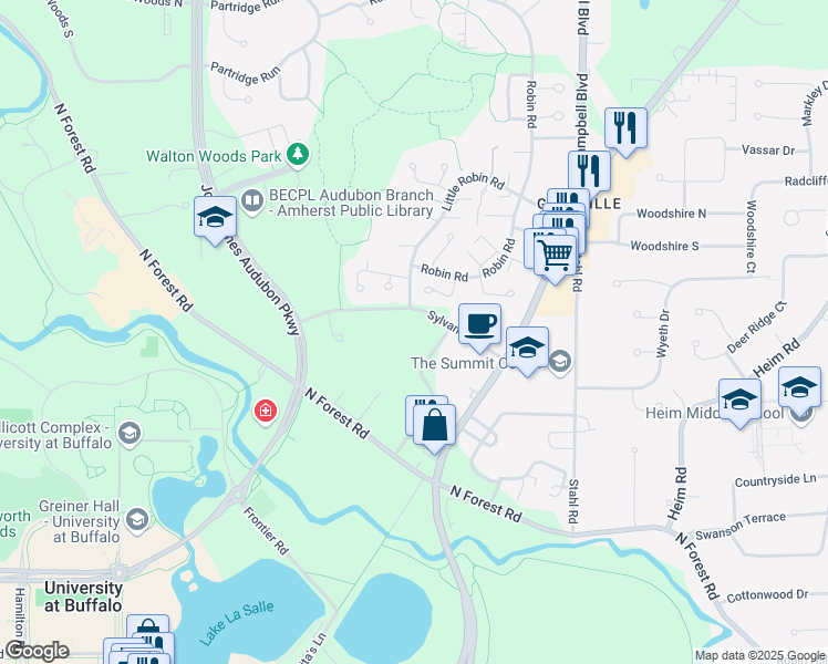 map of restaurants, bars, coffee shops, grocery stores, and more near 130 John Muir Drive in Buffalo