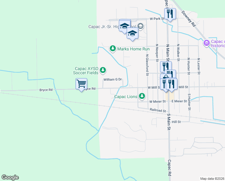 map of restaurants, bars, coffee shops, grocery stores, and more near 526 West Mill Street in Capac