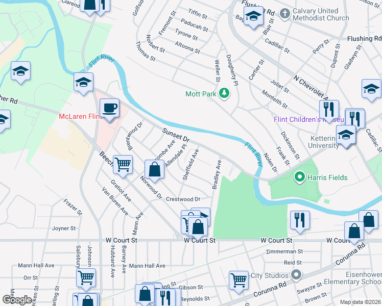 map of restaurants, bars, coffee shops, grocery stores, and more near 318 Sheffield Avenue in Flint