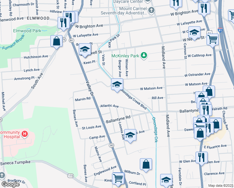 map of restaurants, bars, coffee shops, grocery stores, and more near 2200 Onondaga Creek Boulevard in Syracuse